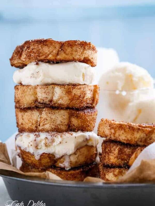 Crispy, buttery Churro french toasts sandwiches with your choice of ice cream or frozen yogurt