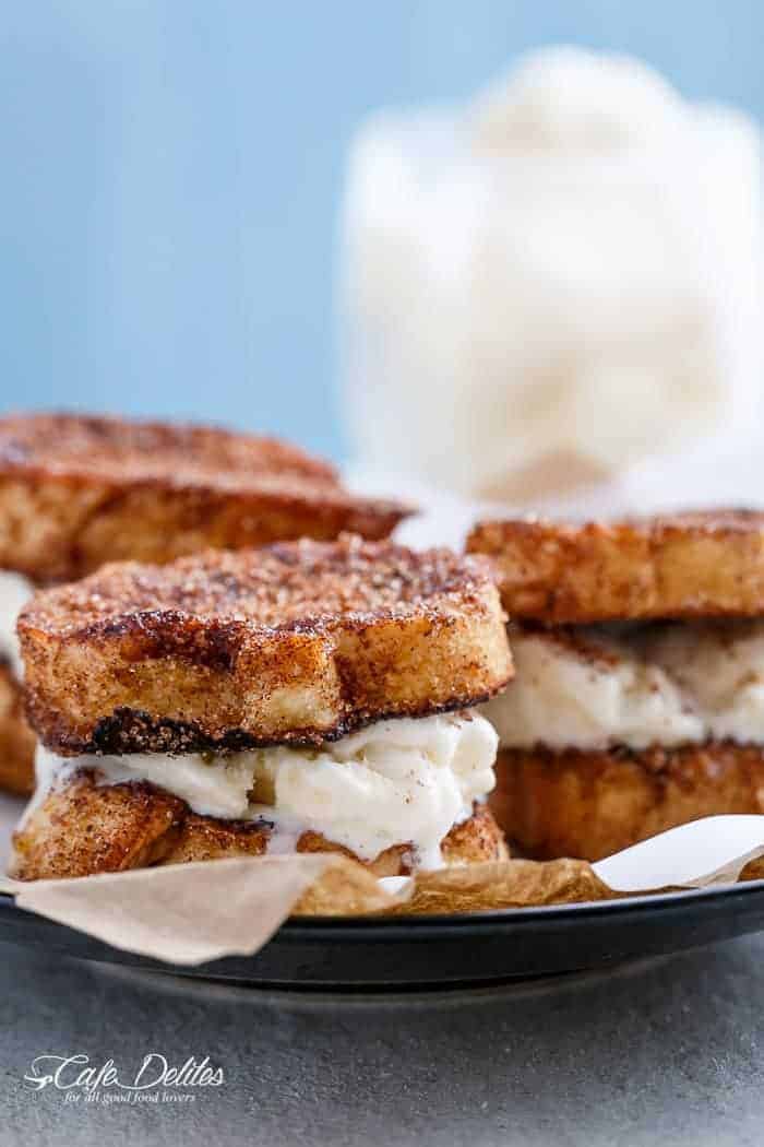 Crispy, buttery Churro french toasts sandwiches with your choice of ice cream or frozen yogurt for one of the best breakfasts ever invented! | https://cafedelites.com