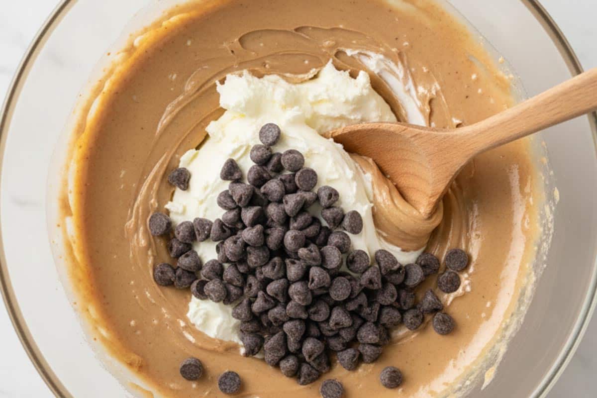 Mixed in half of the cream cheese and chocolate chips.