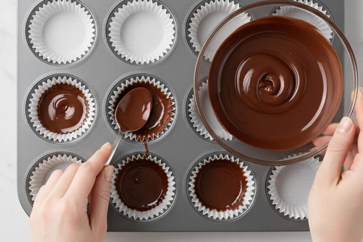 Putting melted chocolate into each liner.