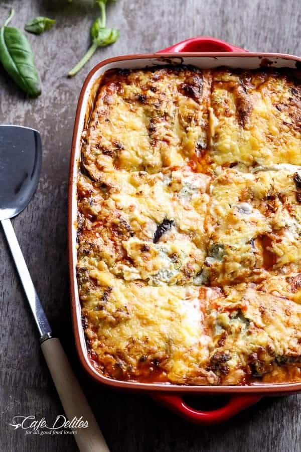 Sausage Eggplant Lasagna With Ricotta Pesto | https://cafedelites.com