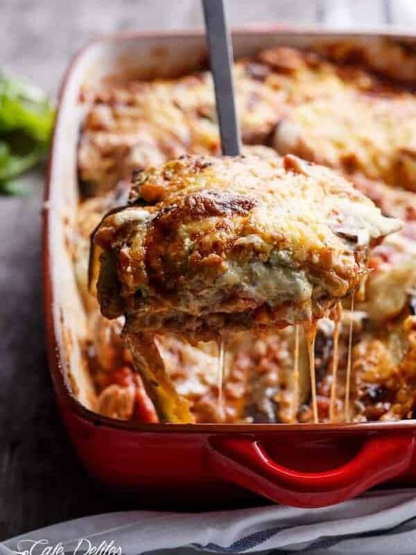 Sausage Eggplant Lasagna With Ricotta Pesto in a baking tray