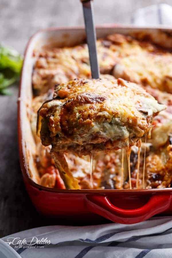 Sausage Eggplant Lasagna With Ricotta Pesto | https://cafedelites.com