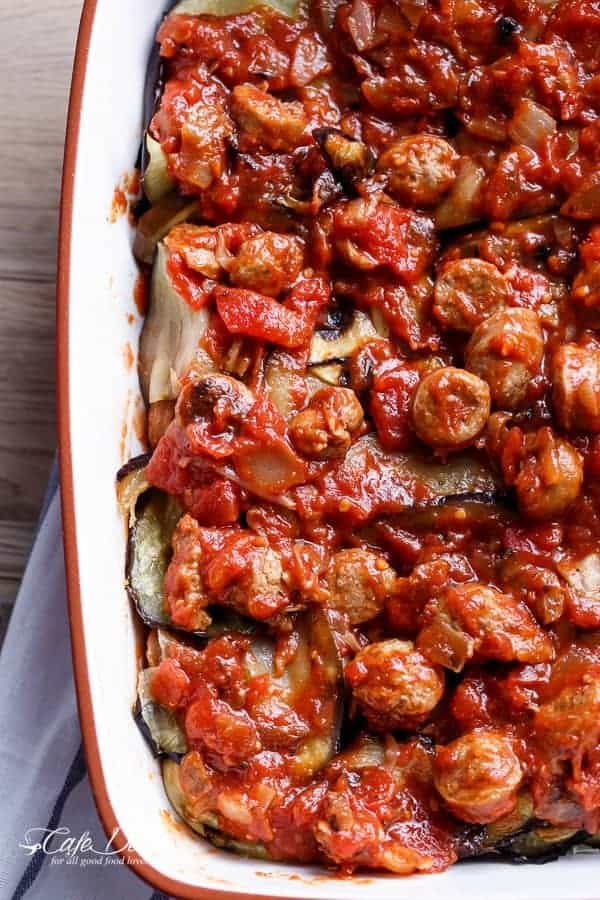 Sausage Eggplant Lasagna With Ricotta Pesto | https://cafedelites.com