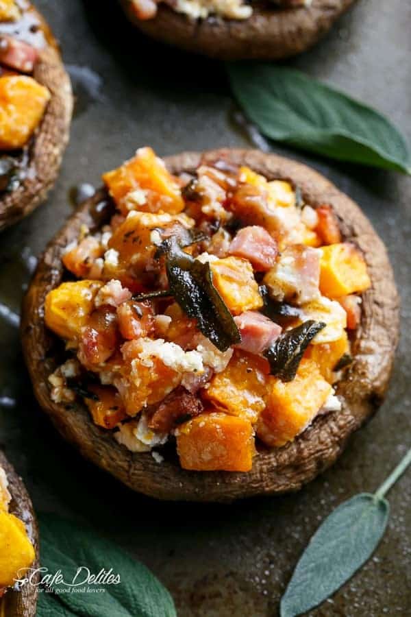 Pumpkin and Bacon Stuffed Portobellos with Browned Butter Sage | https://cafedelites.com