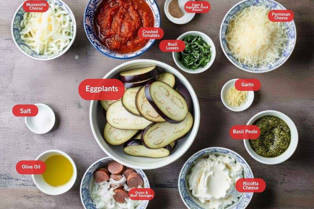 Flat lay photo of ingredient shot of mozzarella cheese, crushes tomatoes, sugar and vegetable stock powder, parmesan cheese, garlic, basil pesto, ricotta cheese, onion and beef sausages, olive oil, eggplants