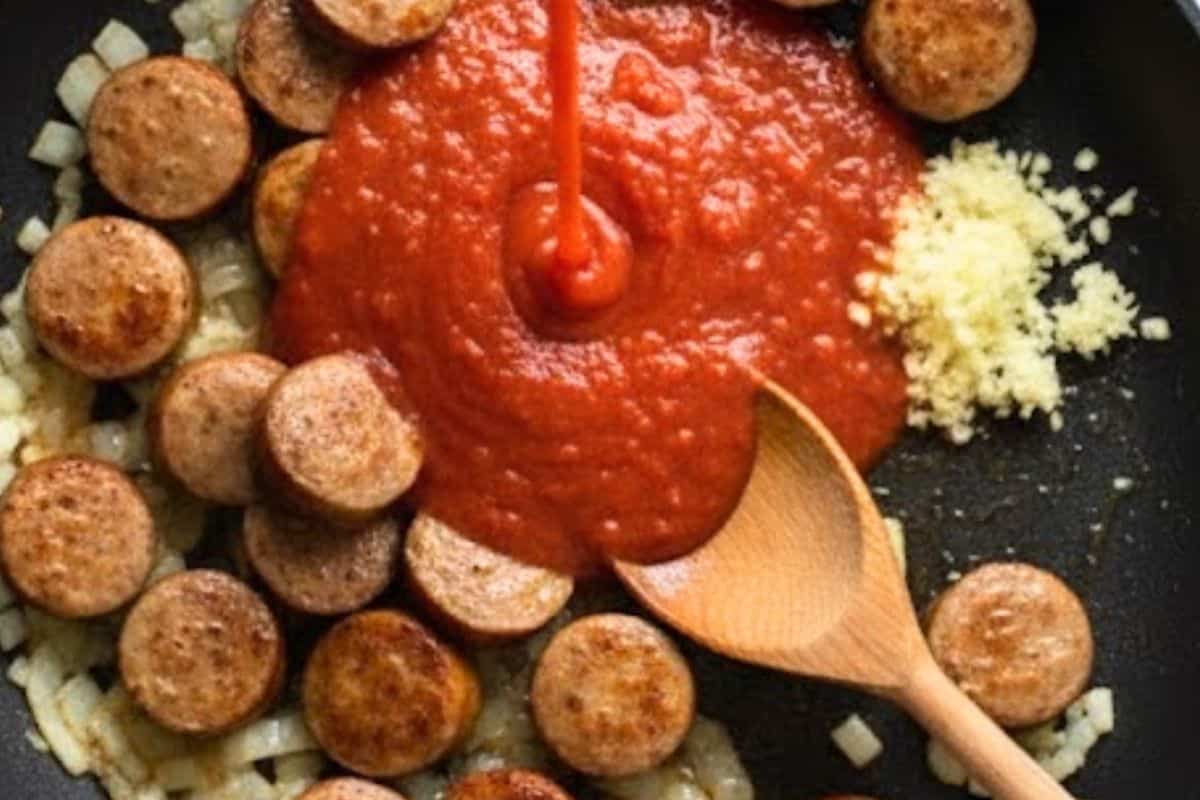 Stir in the sliced sausages and cook until browned. Add garlic and pour in the crushed tomatoes.