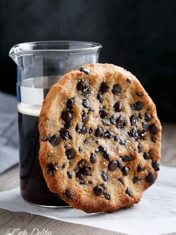 Single Serve Jumbo Low Carb Chocolate Chip Cookie with black coffee