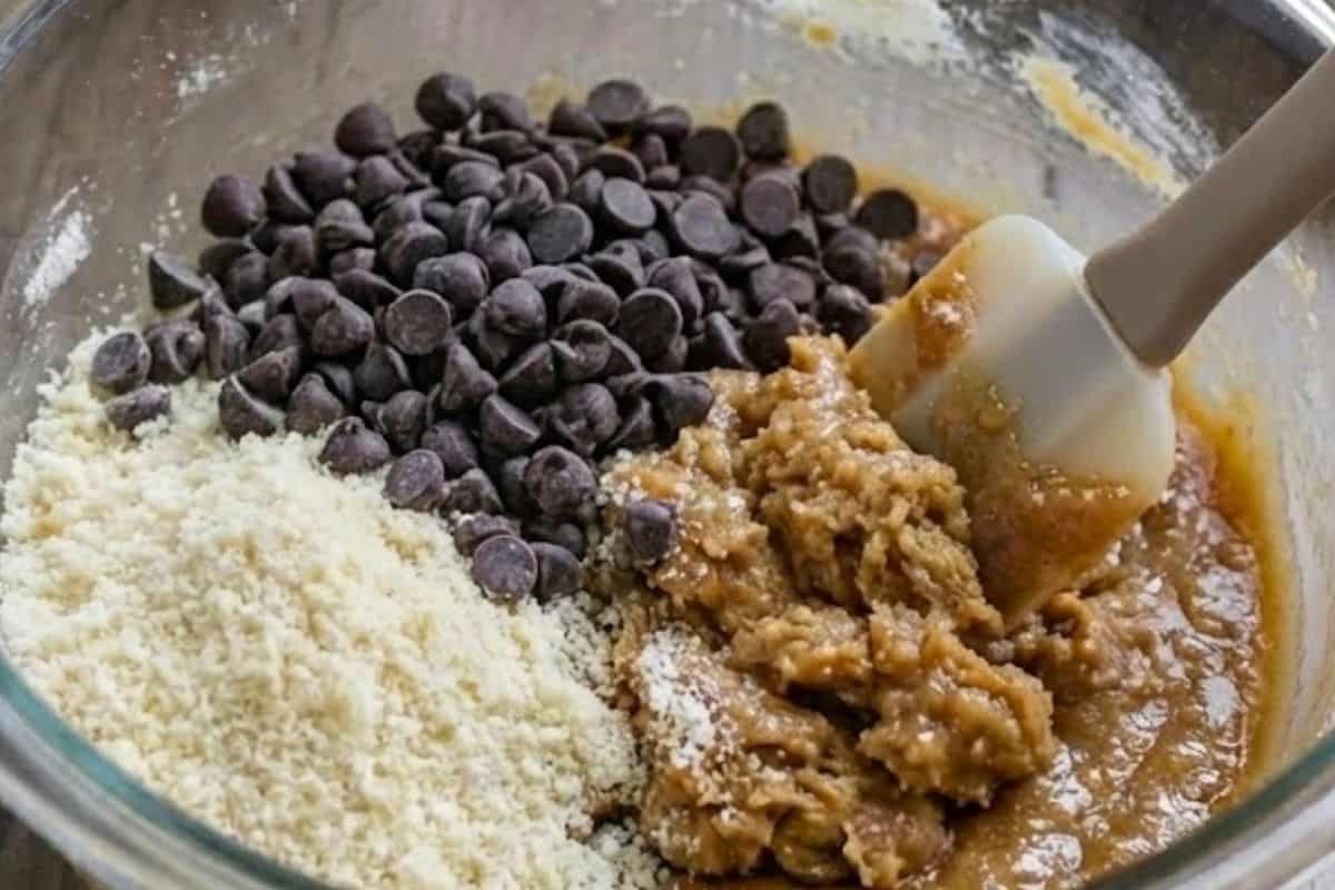 Gently mix in the almond flour or plain flour and chocolate chips until the batter looks creamy and evenly mixed.