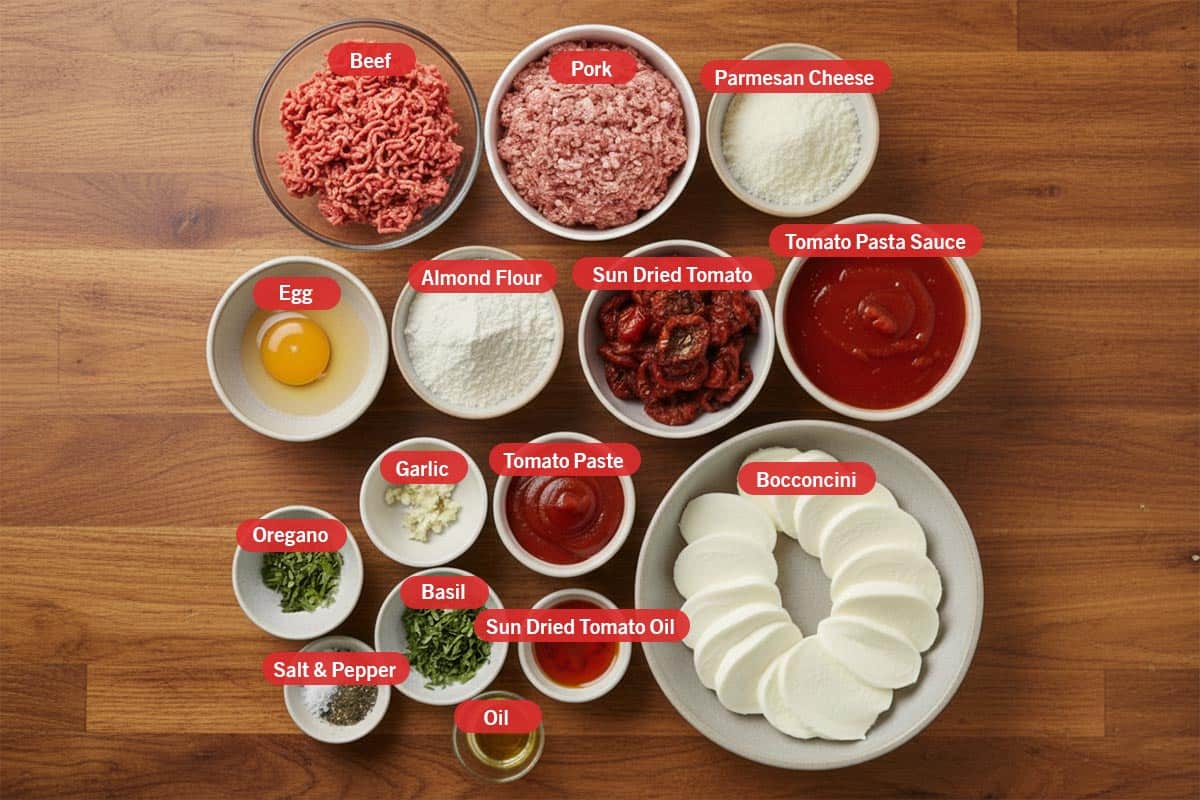 Top shot of ingredients: beef, pork, parmesan cheese, tomato pasta sauce, egg, almond flour, sun dried tomato, oregano, garlic, tomato paste, bocconcini, salt and pepper, basil, sun dried tomato oil, and oil.
