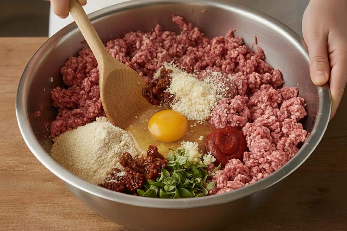 Mixing the meats, egg, almond flour, sun dried tomatoes, Parmesan, garlic, paste, and herbs in mixing bowl.