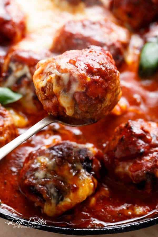 Sun Dried Tomato Cheesy Meatballs | https://cafedelites.com