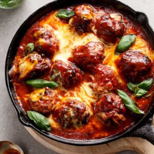Sun Dried Tomato Cheesy Meatballs in a pan
