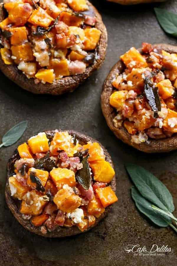 Pumpkin & Bacon Stuffed Portobellos with Browned Butter Sage | https://cafedelites.com