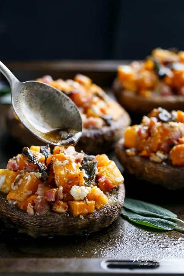 Pumpkin & Bacon Stuffed Portobellos with Browned Butter Sage | https://cafedelites.com