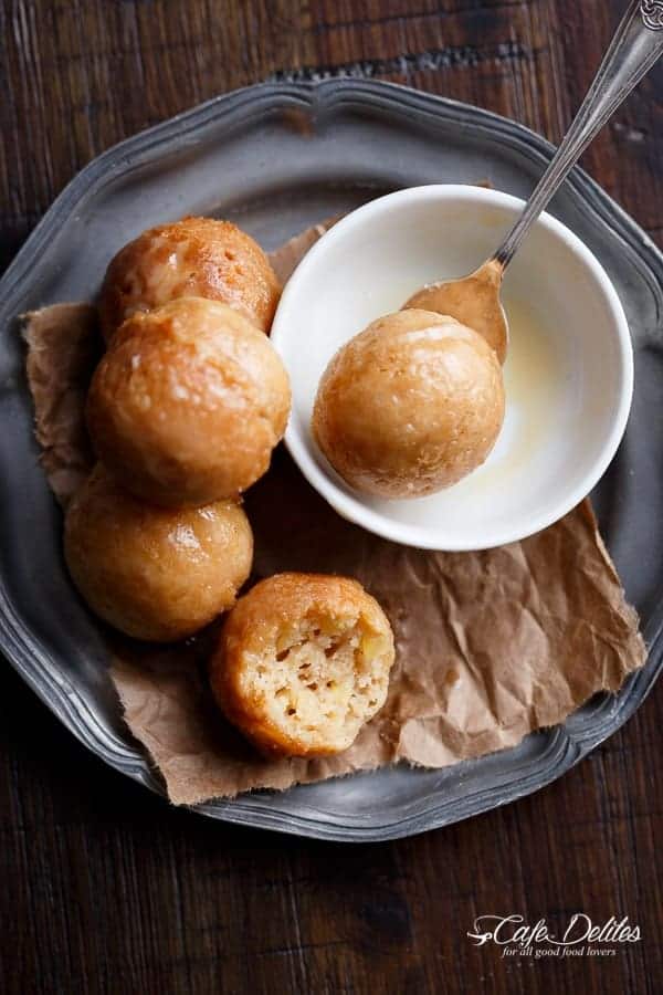 Maple Glazed Apple Fritter Donut Holes | https://cafedelites.com