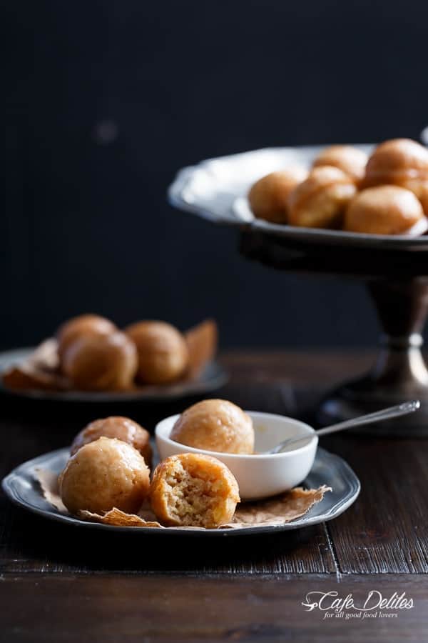 Maple Glazed Apple Fritter Donut Holes | https://cafedelites.com