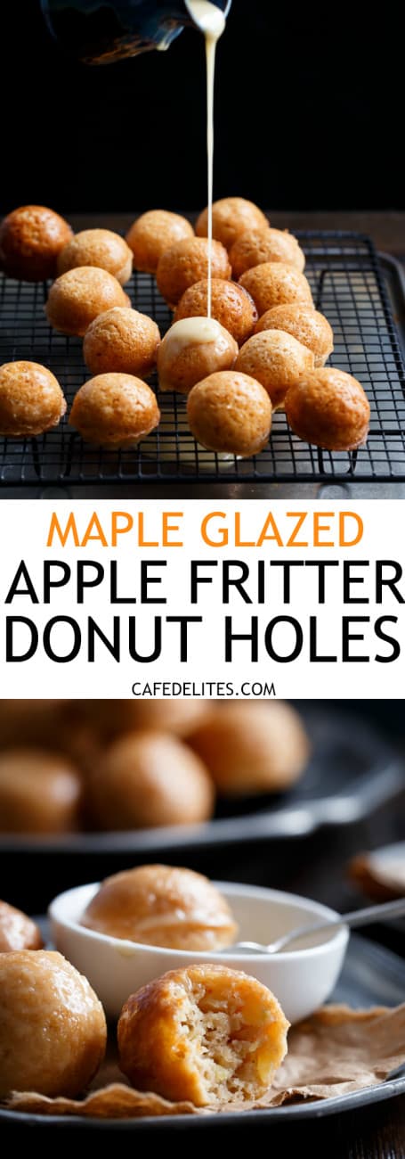 Maple Glazed Apple Fritter Donut Holes | https://cafedelites.com