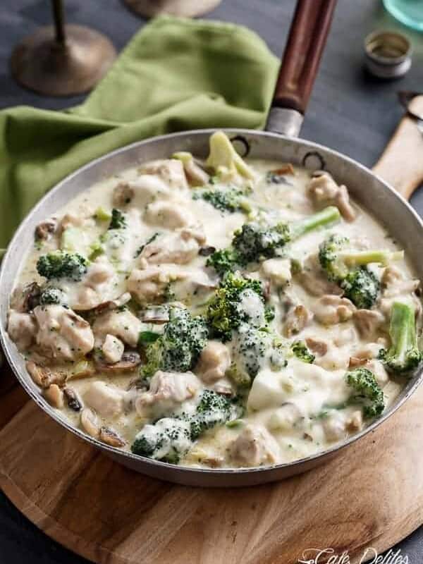 Top view image of Chicken and Mushrooms in a Creamy White Wine Sauce
