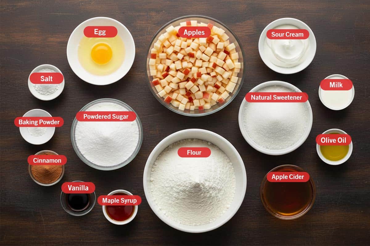 Top shot of ingredients: egg, apples, sour cream, natural sweetener, milk, olive oil, apple cider, flour, maple syrup, vanilla, cinnamon, powdered sugar, baking powder, and salt.