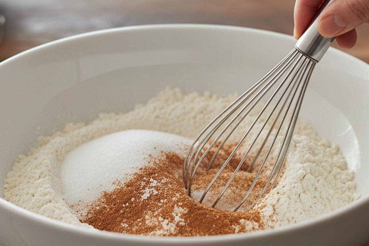 Whisking the flour, sweetener or sugar, baking powder, salt and cinnamon in a large bowl.