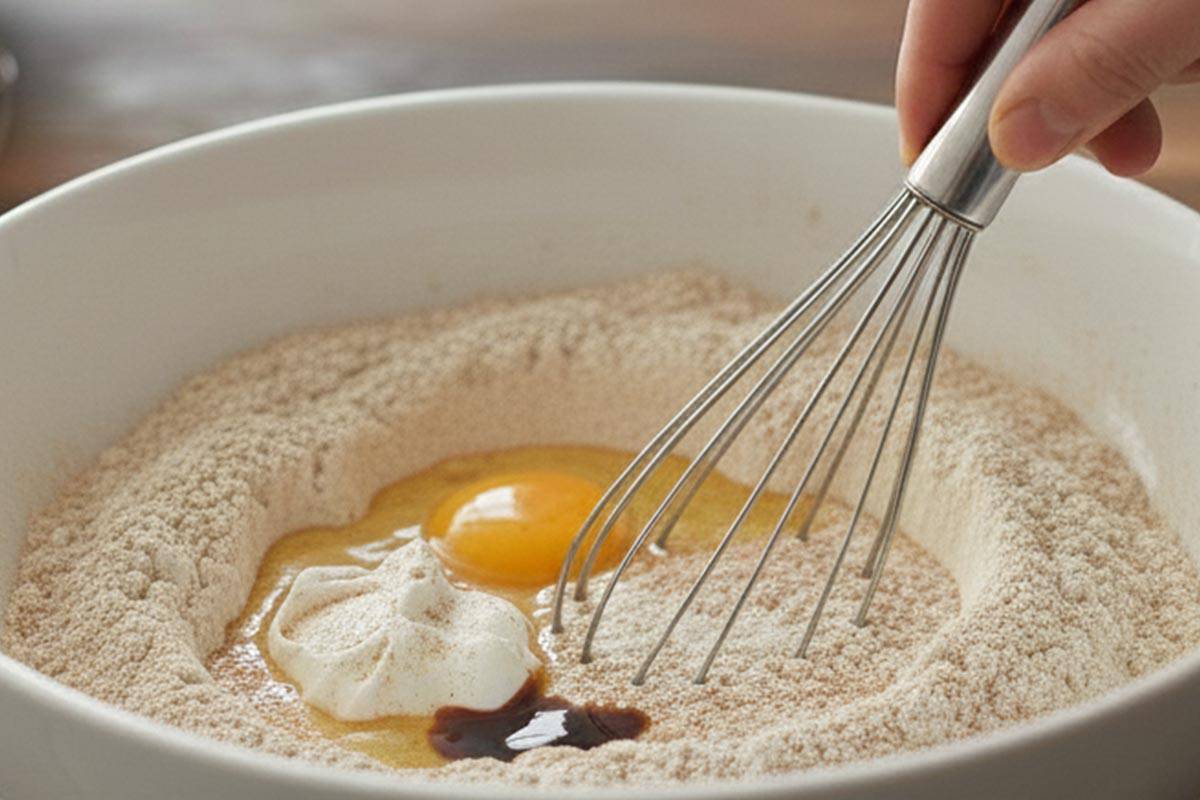 Added the oil, egg, sour cream, vanilla and cider in the dry mixture.