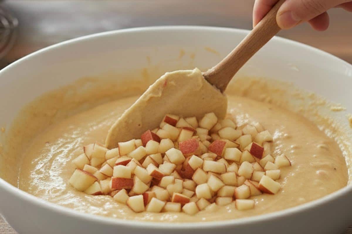 Gently stirring the diced apples right into the batter.