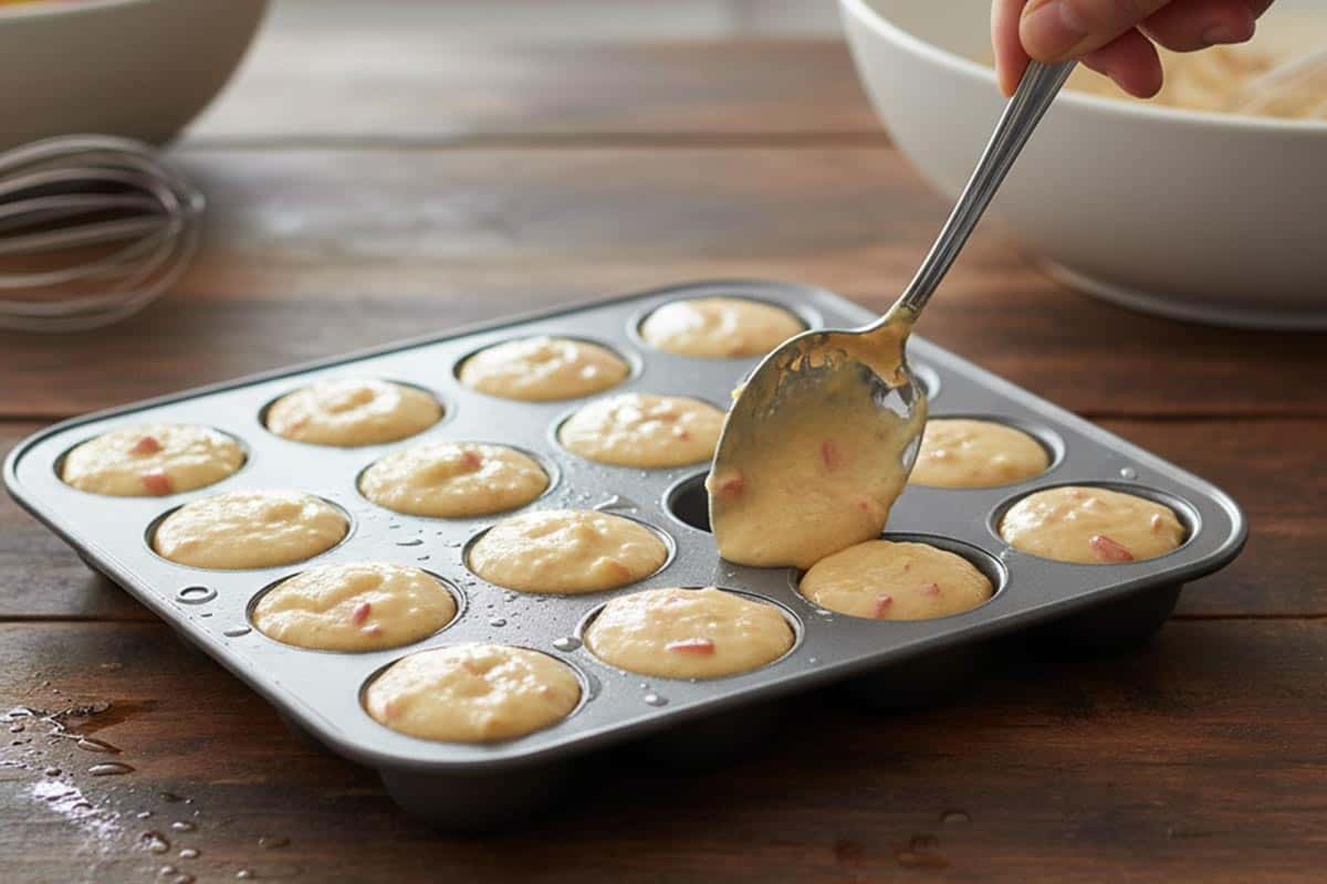 Filling the pan with the batter.