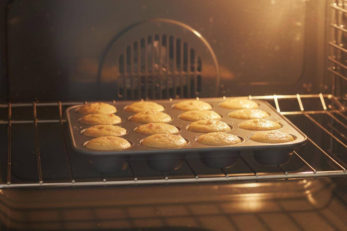 Baking the donut holes in the oven.