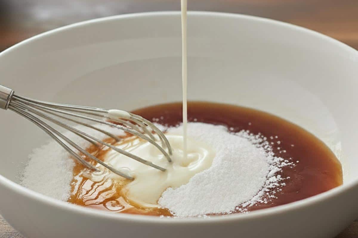 Mixing powdered sugar, maple syrup, and milk in a bowl.