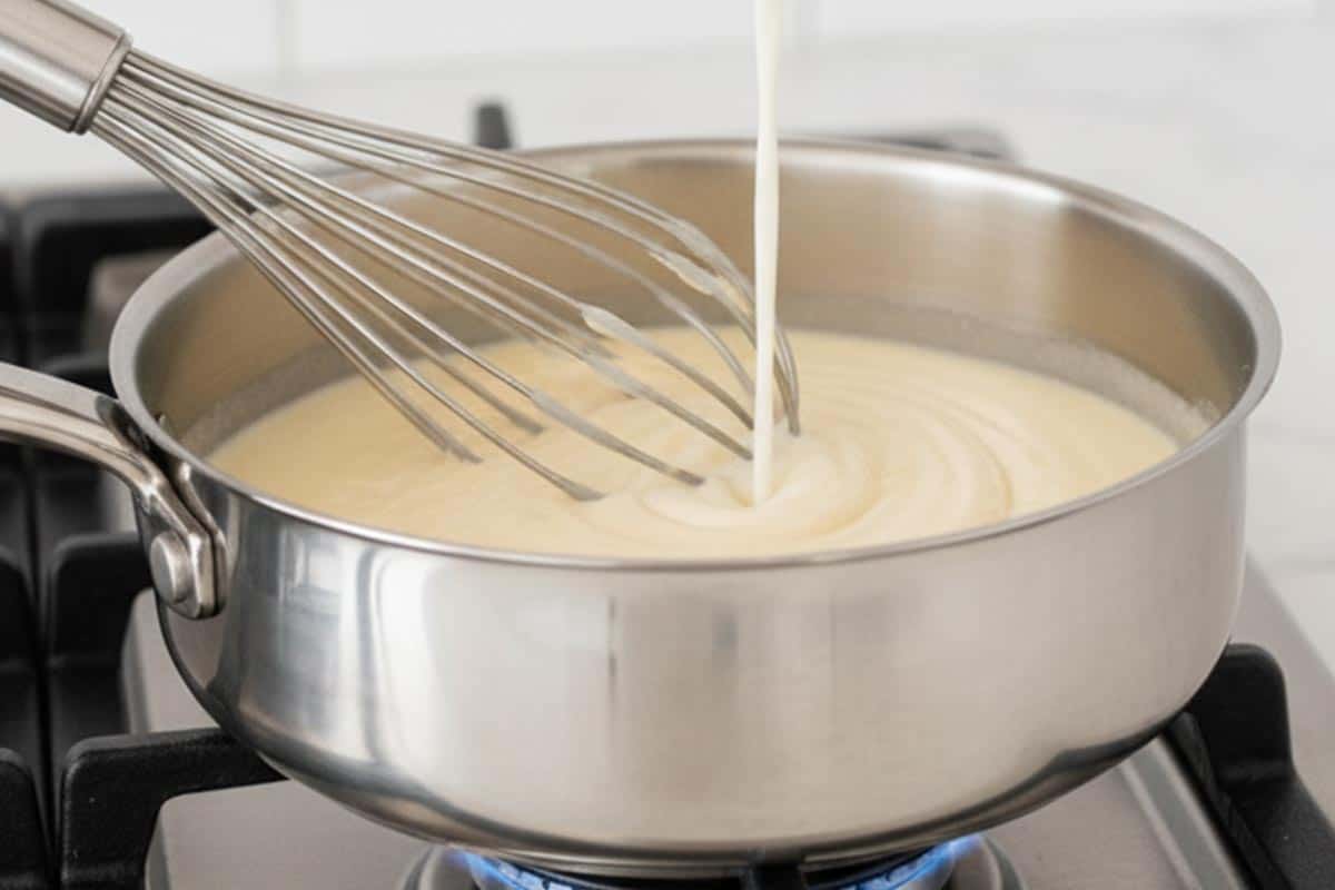 Pouring the milk in the pan.