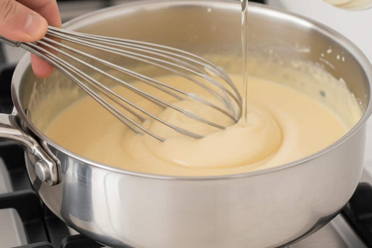 Stirred in the white wine while whisking the sauce.