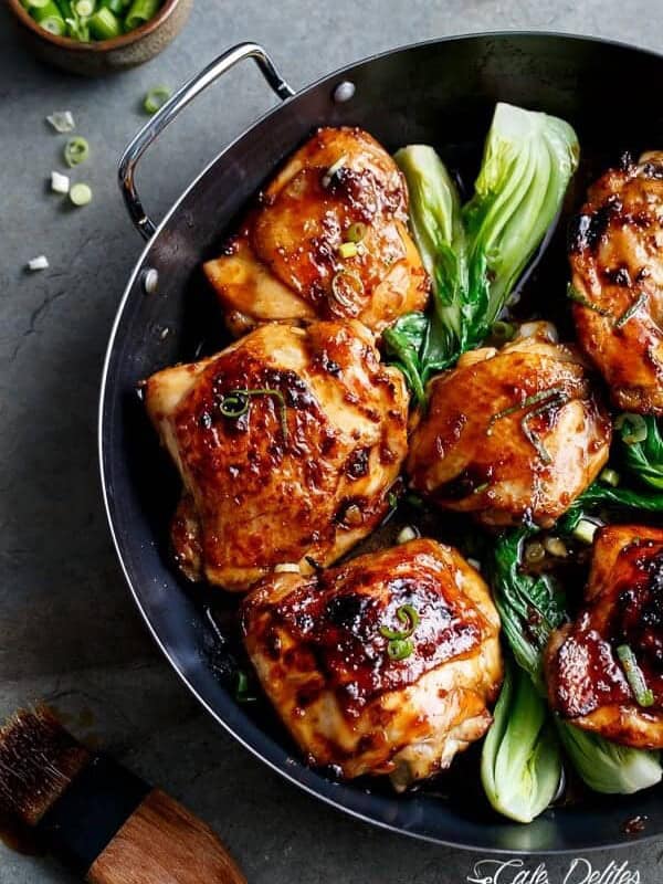 Roasted Asian Glazed Chicken Thighs on a pan