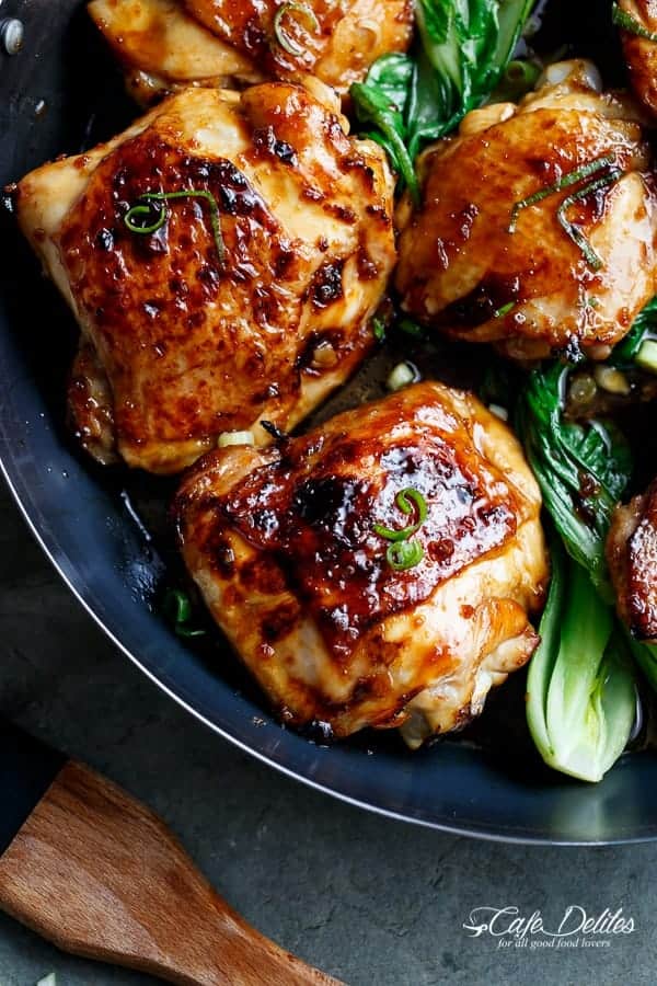 Roasted Asian Glazed Chicken Thighs | https://cafedelites.com