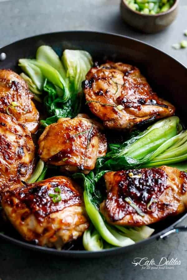 Roasted Asian Glazed Chicken Thighs | https://cafedelites.com