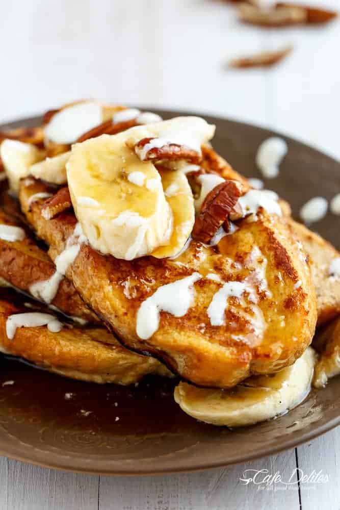 Banana Bread French Toast with a Cream Cheese Glaze | https://cafedelites.com