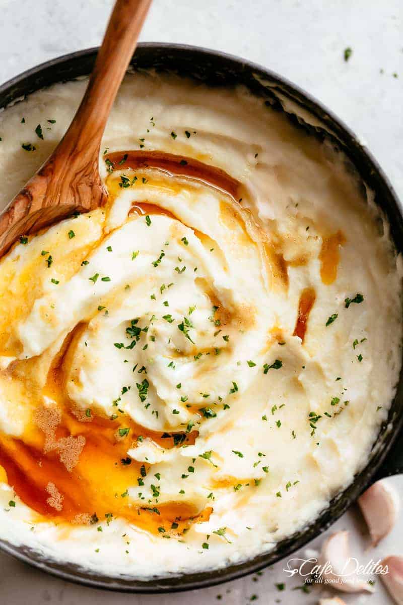 Garlic and Parmesan Browned Butter Mashed Potatoes | https://cafedelites.com