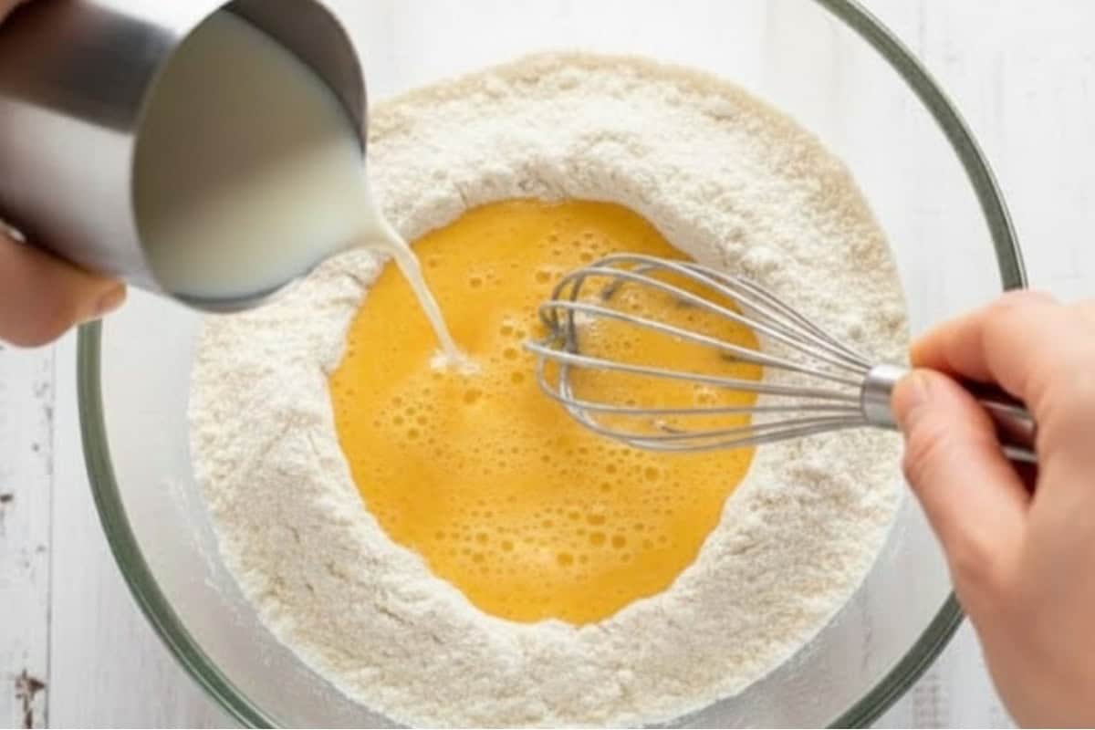 Whisk flour, cornflour, sweetener, and salt in a bowl. Create a well in the center, add the wet ingredients
