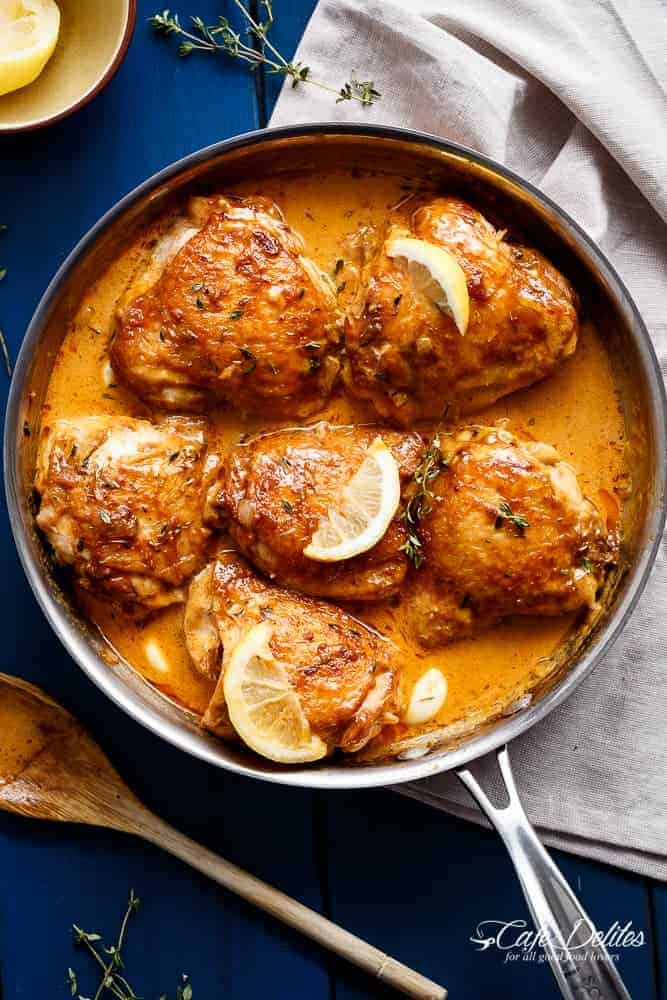 Creamy Lemon Garlic Chicken made in one pan with less the fat than regular cream sauces! | https://cafedelites.com