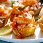 Garlic Prawn (Shrimp) Salad Wonton Cups with Sweet Chilli Sauce on a platter - 13