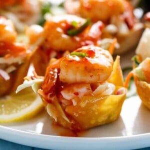 Garlic Prawn (Shrimp) Salad Wonton Cups with Sweet Chilli Sauce on a platter