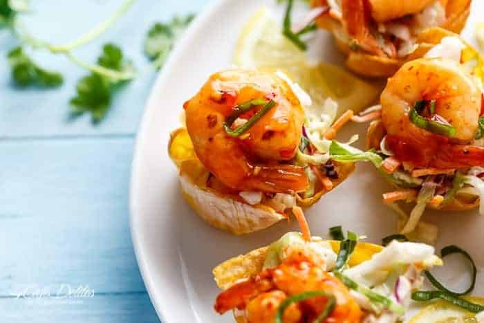 The ultimate appetiser! Garlic Prawn (Shrimp) Salad Wonton Cups with Sweet Chilli Sauce | https://cafedelites.com
