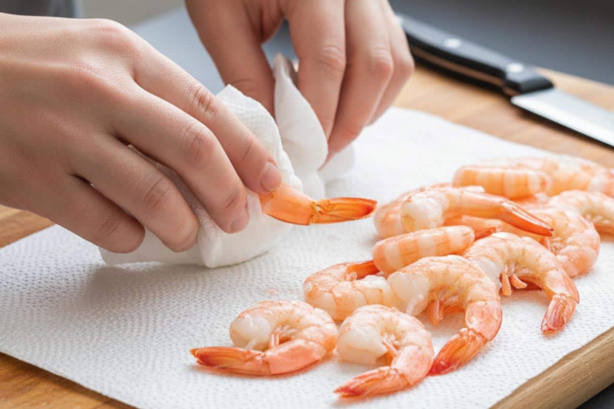 Patting the shrimp dry with paper towel. - 4