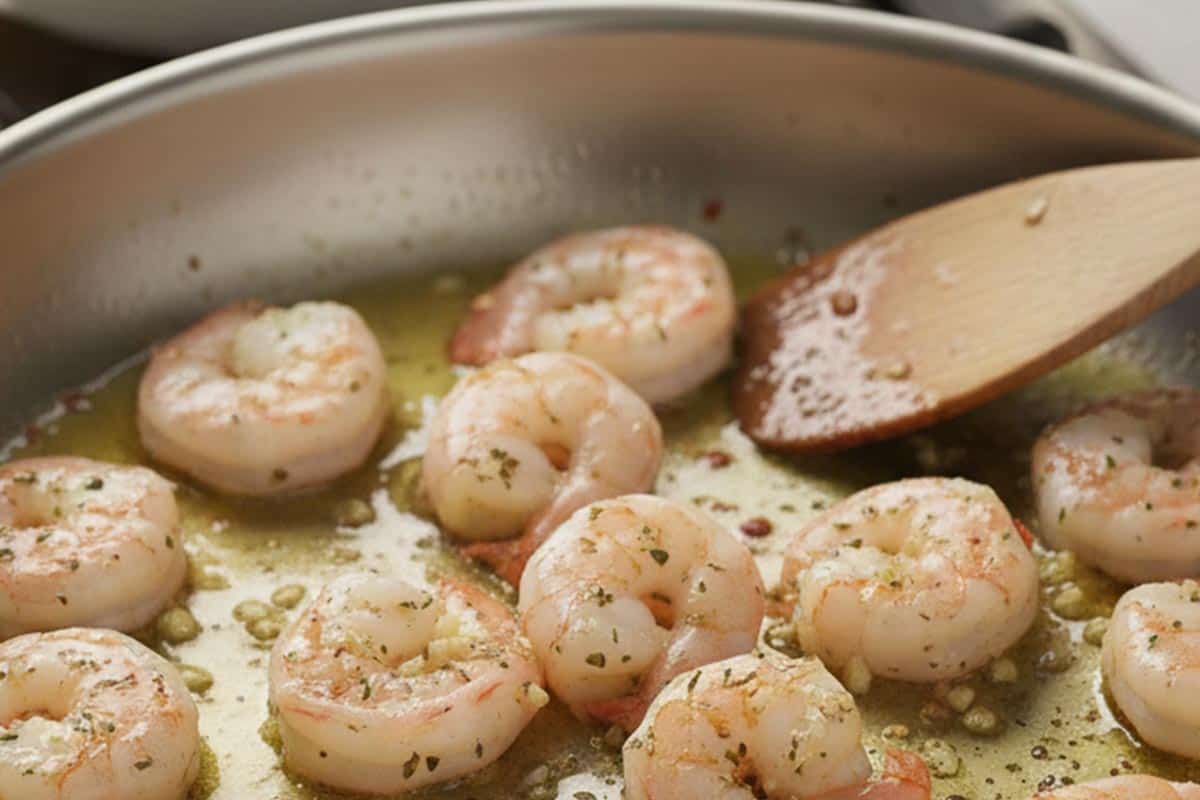 Cooking the sliced shrimp in a pan. - 5
