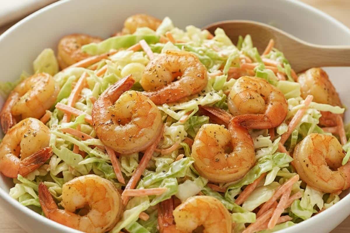 Mixing the coleslaw, mayonnaise, sesame oil, and lemon juice with the cooked shrimp. - 7
