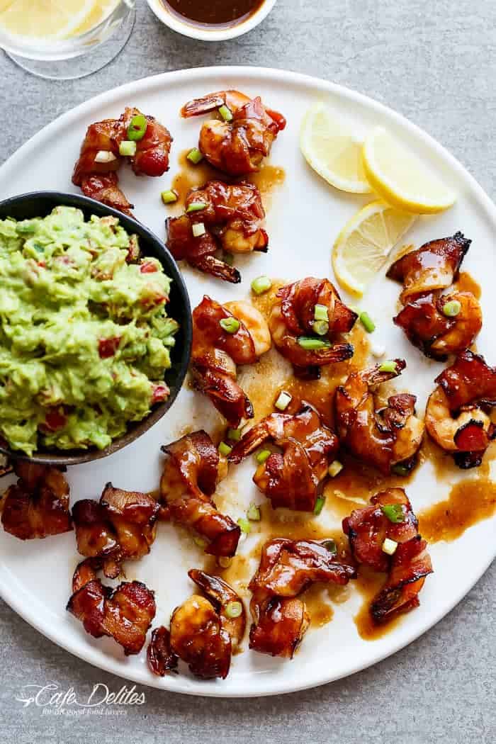 The perfect light appetiser before any festivities Bacon Wrapped Barbecue Honey Garlic Prawns (Shrimp)