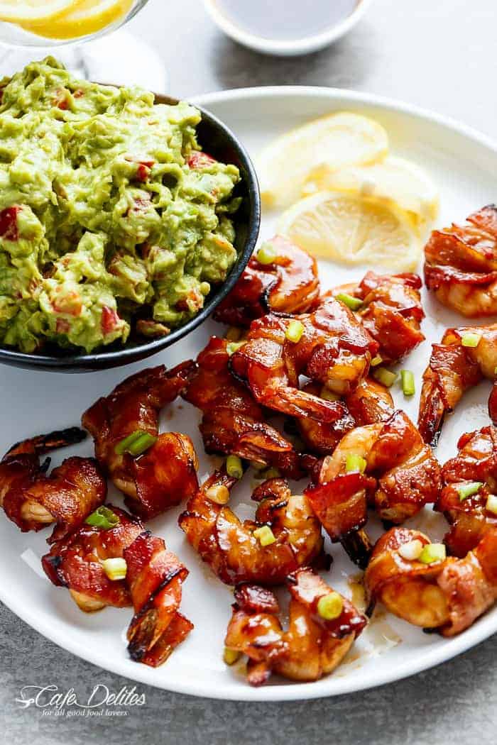 The perfect light appetiser before any festivities Bacon Wrapped Barbecue Honey Garlic Prawns (Shrimp)