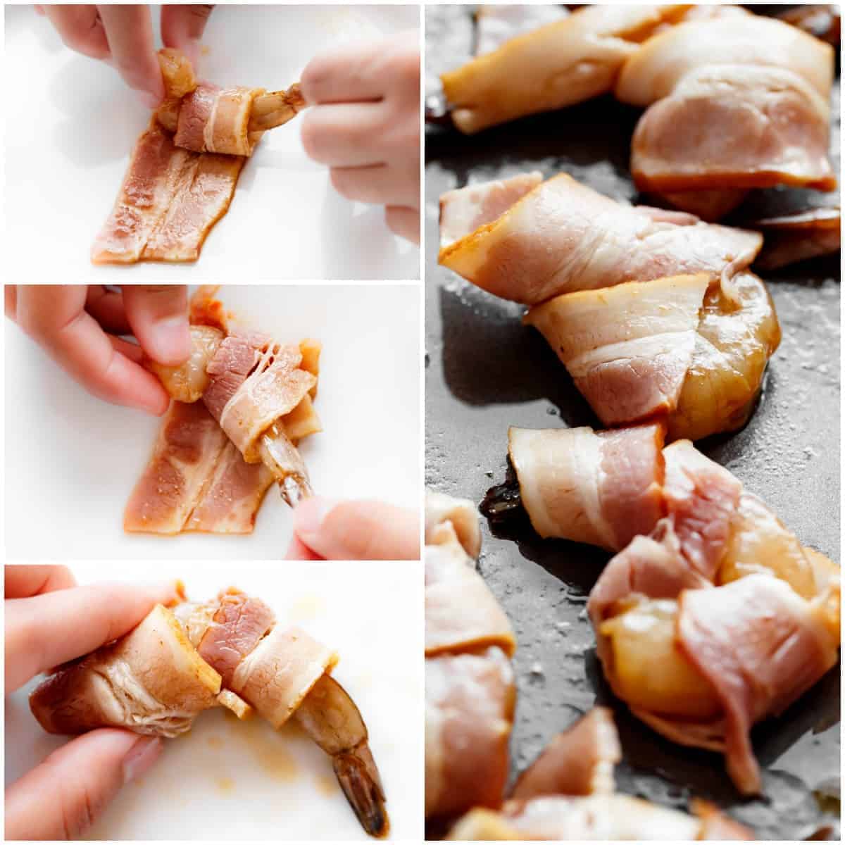 Collage of shrimp being wrapped in bacon and placed on a hot skillet. 