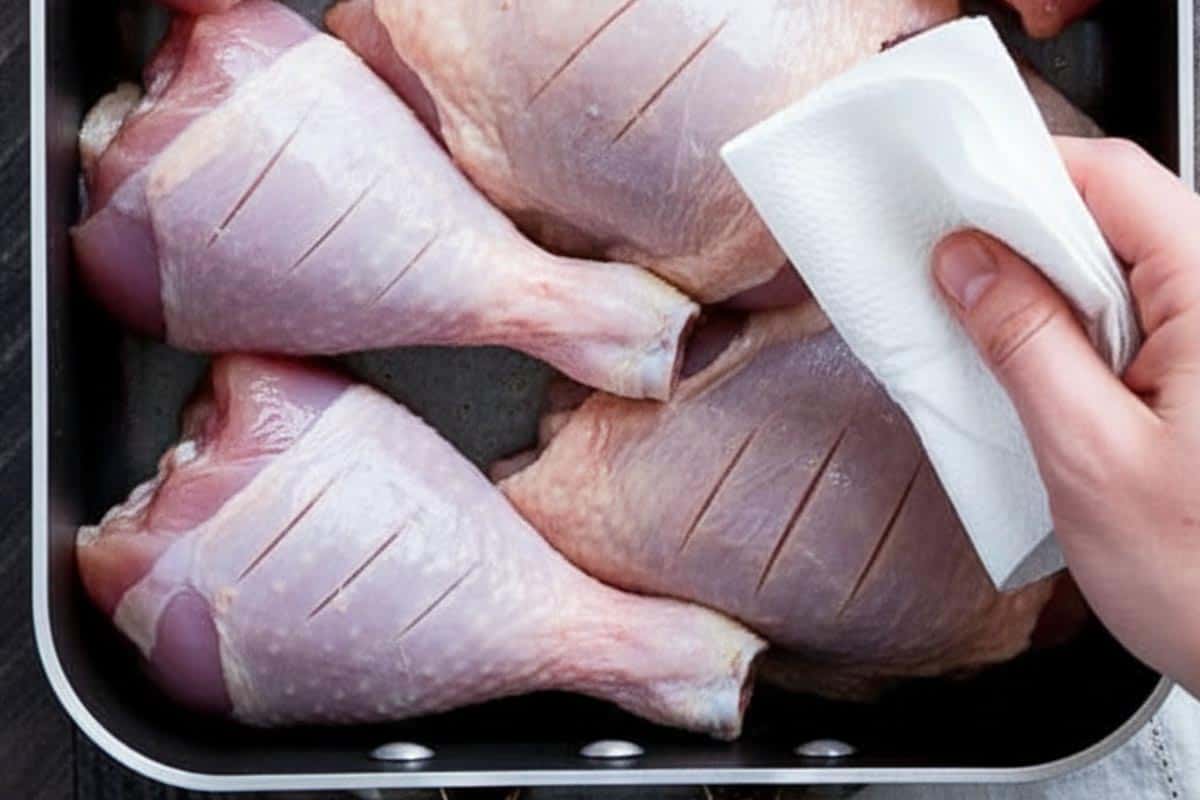 Placed the turkey pieces into a large baking dish and pat dry with paper towels.