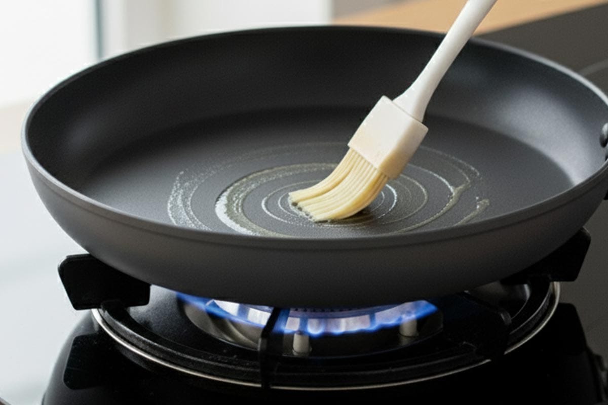 Brushing the pan with melted butter.